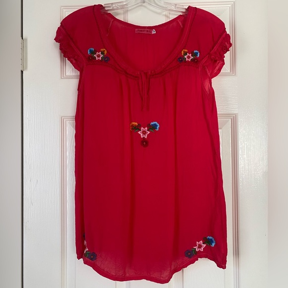 Johnny Was Red Pink Short Sleeve Embroidered Floral Tunic Top Size Small - Picture 1 of 9